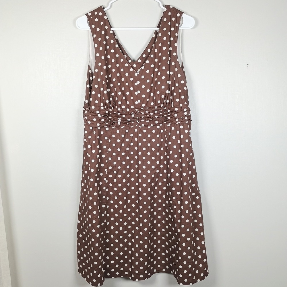Boden Brown White Polka Dot Cotton Sleeveless V Neck Party Casual Fit Flare Fall